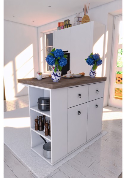 Lalin Mutfak Adası Dolaplı Çok Amaçlı Çekmeceli Kapaklı Mdf