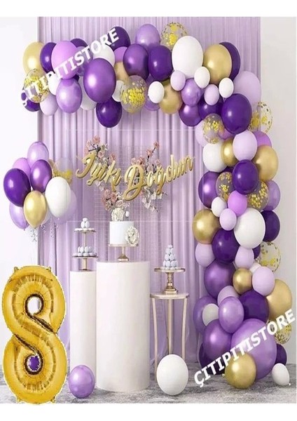 0-9 Yaş Macaron Mor Balon Zinciri Seti Gölge Mor Altın Balon Dekorasyon