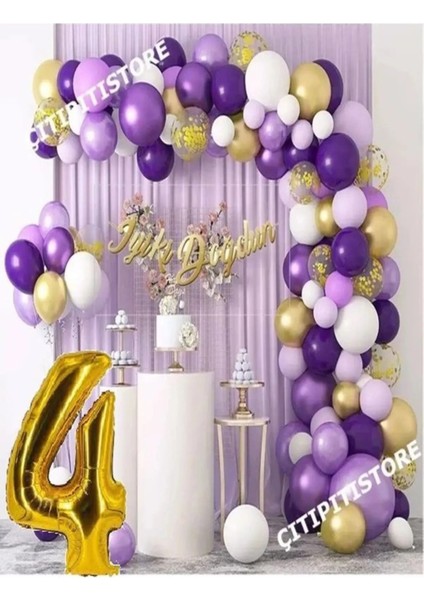 0-9 Yaş Macaron Mor Balon Zinciri Seti Gölge Mor Altın Balon Dekorasyon