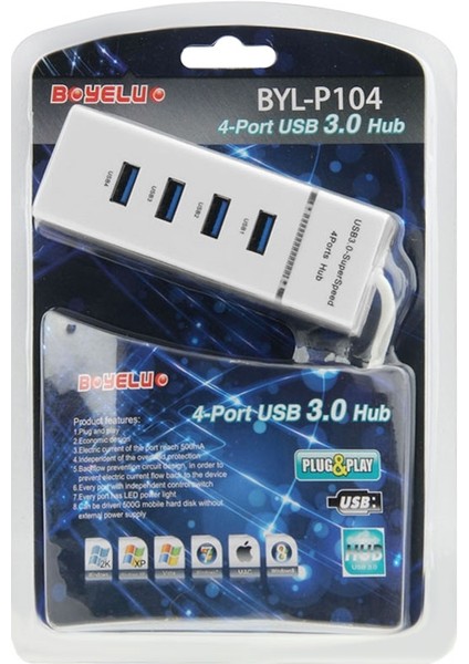 Led, Süper Hız 5gbps, BYL-P104 (Beyaz) ile 4 Bağlantı Noktası USB 3.0 Hub Ayırıcı (Yurt Dışından)