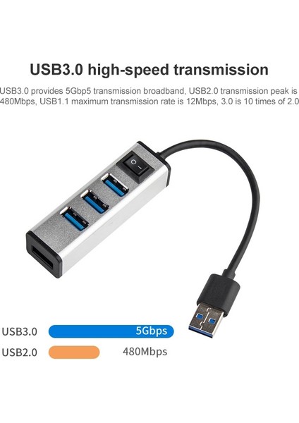 USB - 4 USB 3.0 Bağlantı Noktası Alüminyum Alaşımlı Göbek (Gri) (Yurt Dışından)