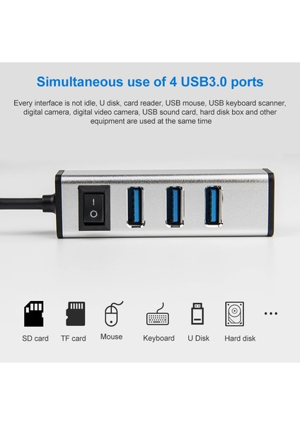 USB - 4 USB 3.0 Bağlantı Noktası Alüminyum Alaşımlı Göbek (Gri) (Yurt Dışından)