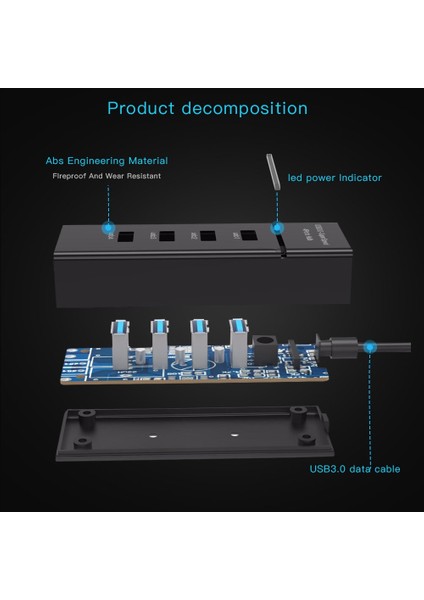 Led, Süper Hız 5gbps, BYL-P104 (Siyah) ile 4 Bağlantı Noktası USB 3.0 Hub Ayrıcı (Yurt Dışından)