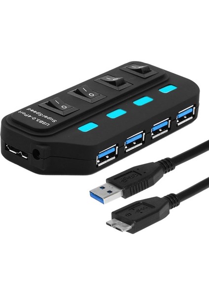 4 Bağlantı Noktası USB 3.0 Hub Her Bir Veri Aktarım Bağlantı Noktası (Siyah) Için Ayrı Anahtarlarla (Yurt Dışından)