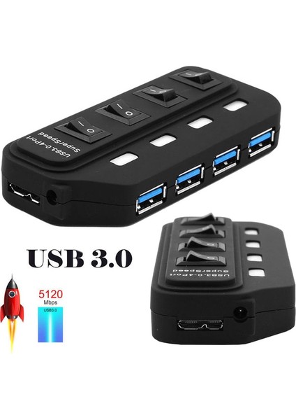 4 Bağlantı Noktası USB 3.0 Hub Her Bir Veri Aktarım Bağlantı Noktası (Siyah) Için Ayrı Anahtarlarla (Yurt Dışından)