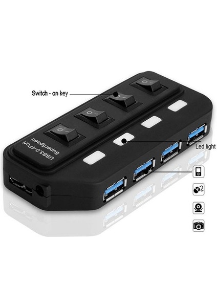 4 Bağlantı Noktası USB 3.0 Hub Her Bir Veri Aktarım Bağlantı Noktası (Siyah) Için Ayrı Anahtarlarla (Yurt Dışından)