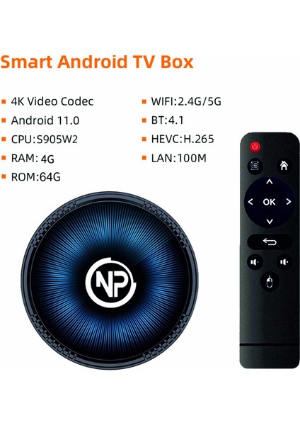 Npo Hk1 Rbox W2 4gb Ram 64GB Dahili Hafıza 4K Ultra HD Android TV Box