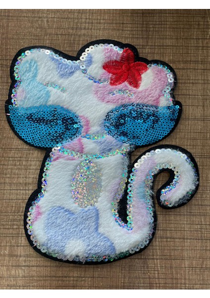 19X15 cm Peluş Pul Payetli Kedi Aplike Arma Yama Dikiş Aksesuarı
