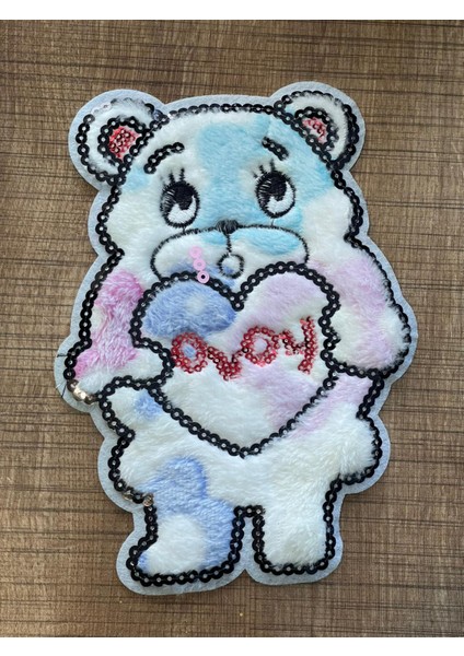 19X14 cm Peluş Payetli Kalpli Ayıcık Aplike Arma Yama Dikiş Aksesuarı