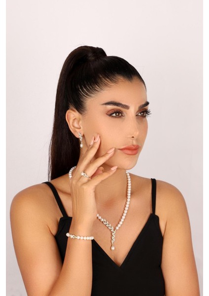 14 Ayar Altın Kadın Yaprak Taşlı Inci Set