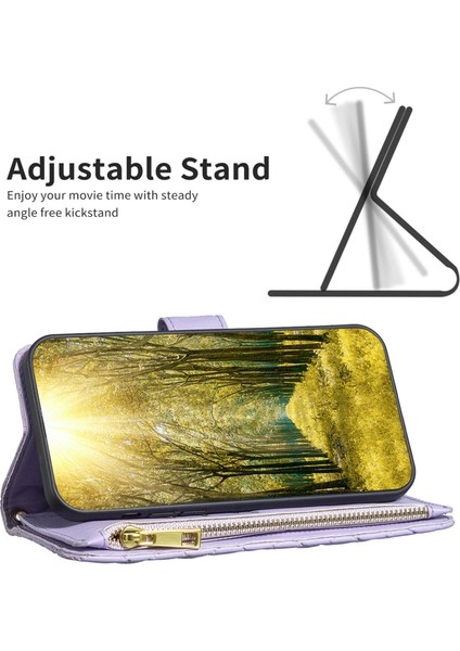 Bınfen Color Bf Stil-15 Xiaomi 11T 5g / 11T Pro 5g Mat Pu Deri Stand Kılıf Cüzdan Stili Fermuarlı Cebi Eşkenar Dörtgen Desen Baskılı Telefon Kapağı - Mor (Yurt Dışından)