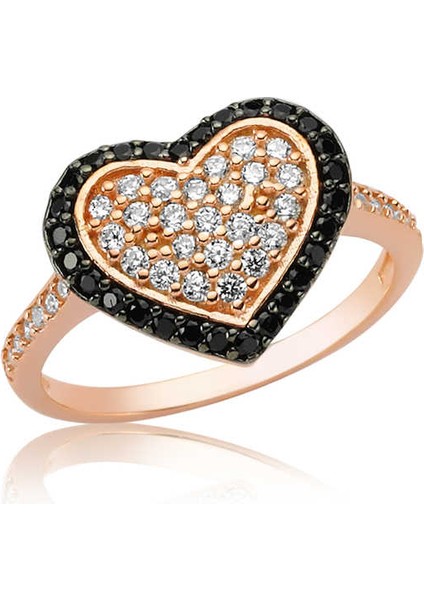 Gümüş Rose Siyah Taşlı Kalp Bayan Yüzük