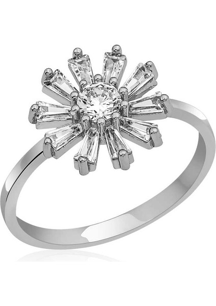 Gümüş Trapez Taşlı Çiçek Bayan Yüzük