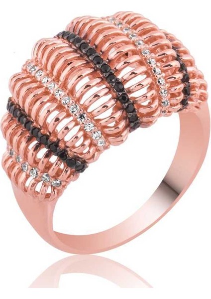 Gümüş Rose Siyah Beyaz Taşlı Bayan Yüzük