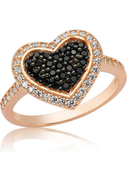 Gümüş Rose Siyah Taşlı Kalp Bayan Yüzük