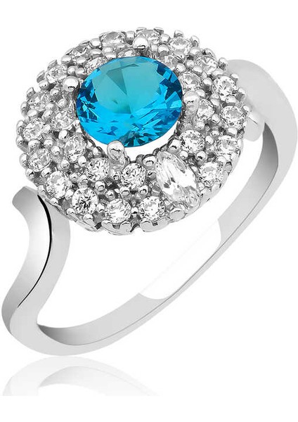 Gümüş Mavi Taşlı Yuvarlak Bayan Yüzük