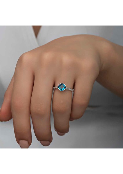 Gümüş Mavi Baget Tek Taş Kadın Yüzük fiyatları
