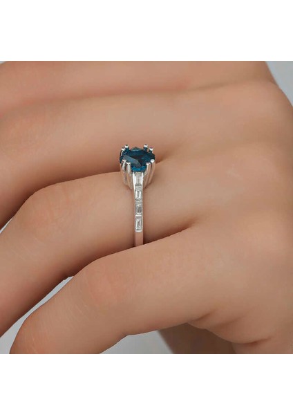Gümüş Mavi Baget Tek Taş Kadın Yüzük fırsatları