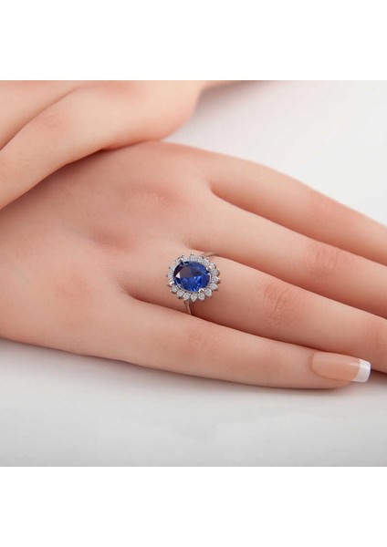 Gümüş Mavi Taşlı Oval Kadın Yüzük modelleri