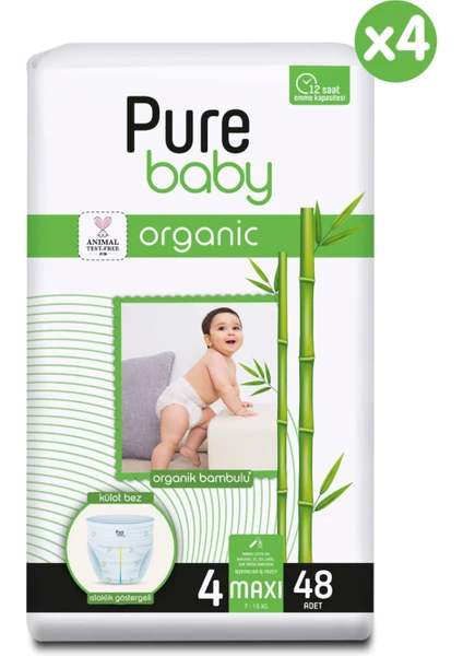 Pure Baby Organic Bambulu Külot Bebek Bezi 4 Numara 48'li x 4 Adet (192 Adet Bez)