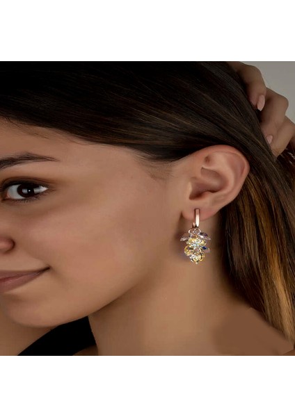 Swarovski Crystal Taşlı Gümüş Kalp Salkım Sallantılı Çivili Kadın Küpe
