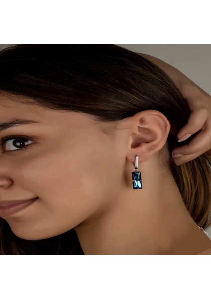 Swarovski Crystal Taşlı Gümüş Mavi Baget Sallantılı Kadın Küpe