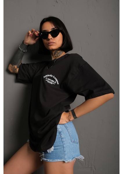Kadın Siyah Oversize Önü Pembe Chine Baskılı Sweatshirt