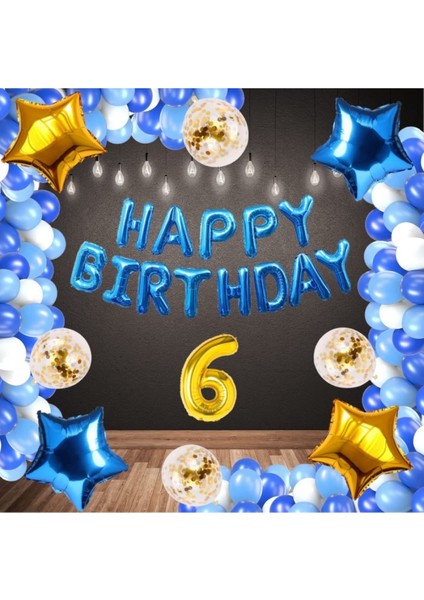 Mavi Happy Bırthday Folyo Gold Rakam Balon Seti Yaş 6