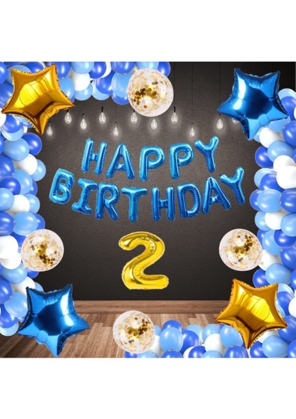 Mavi Happy Bırthday Folyo Gold Rakam Balon Seti Yaş 2