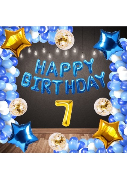 Mavi Happy Bırthday Folyo Gold Rakam Balon Seti Yaş 7