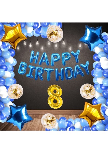 Mavi Happy Bırthday Folyo Gold Rakam Balon Seti Yaş 8