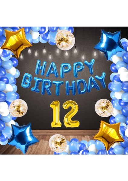Mavi Happy Bırthday Folyo Gold Rakam Balon Seti Yaş 12