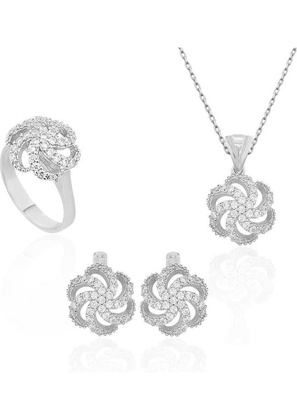 Gümüş Çiçek Desenli Bayan Set