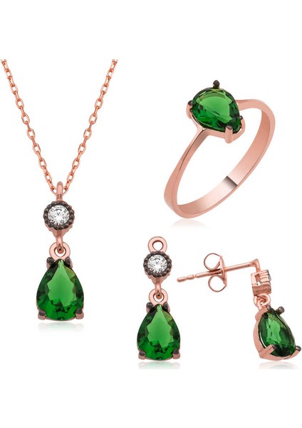 Gümüş Yeşil Damla Taşlı Bayan Set