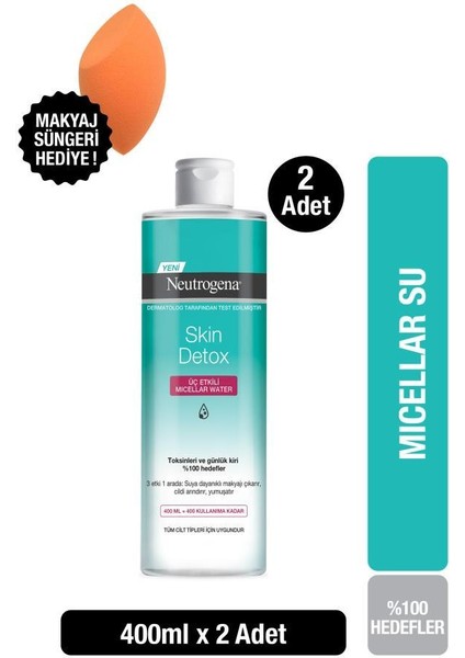 Skin Detox 3 Etkili Micellar Water Makyaj Temizleme Suyu 400 ml X2 + Makyaj Süngeri