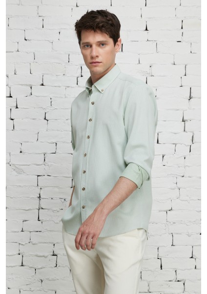 ALTINYILDIZ CLASSICS Erkek Yeşil Slim Fit Dar Kesim Düğmeli Yaka Pamuklu Armürlü Gömlek fırsatları