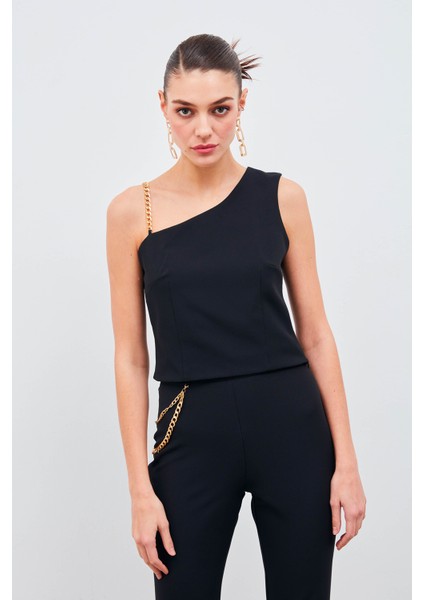 Zincir Askı Detaylı Crop Bluz - Siyah