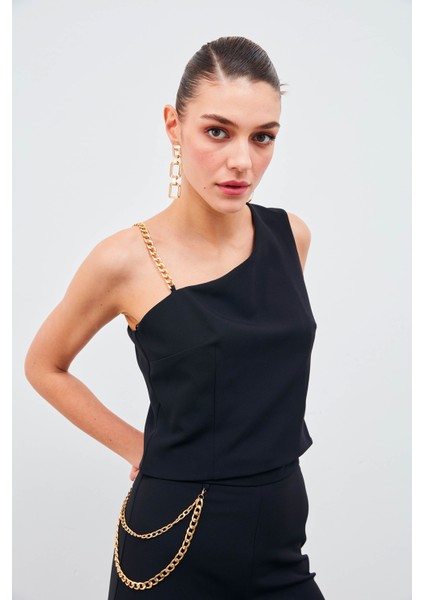 Zincir Askı Detaylı Crop Bluz - Siyah