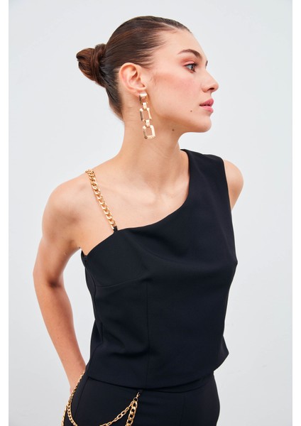 Zincir Askı Detaylı Crop Bluz - Siyah