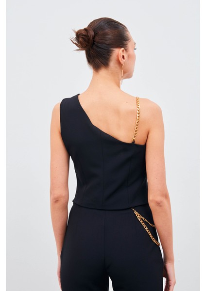 Zincir Askı Detaylı Crop Bluz - Siyah