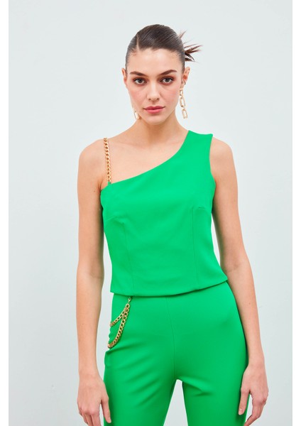 Zincir Askı Detaylı Crop Bluz - Yeşil