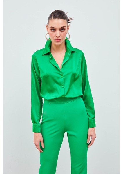 Gömlek Yaka Saten Bodysuit Bluz - Yeşil