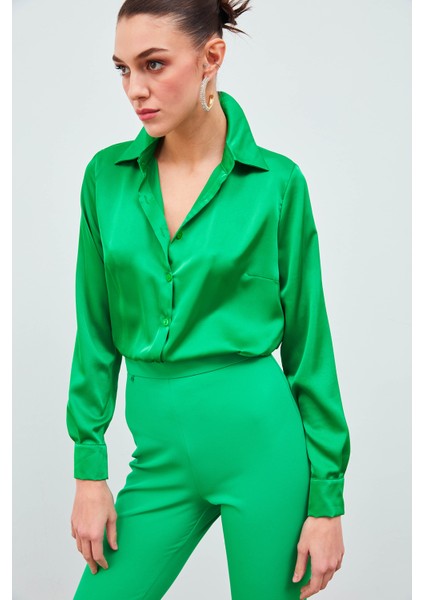 Gömlek Yaka Saten Bodysuit Bluz - Yeşil fiyatları