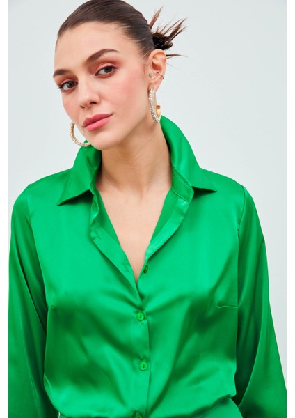 Gömlek Yaka Saten Bodysuit Bluz - Yeşil modelleri