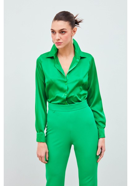 Gömlek Yaka Saten Bodysuit Bluz - Yeşil fırsatları