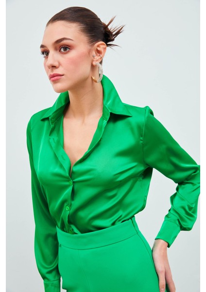 Gömlek Yaka Saten Bodysuit Bluz - Yeşil indirimleri