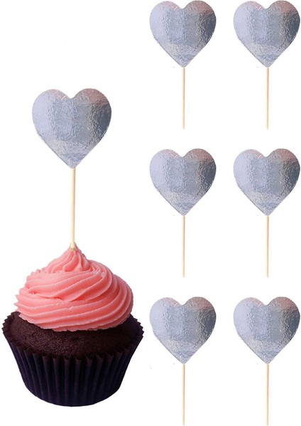 Kalp Şekilli Kürdan Cupcake Kürdanı Pasta Süsü Gümüş 10'lu