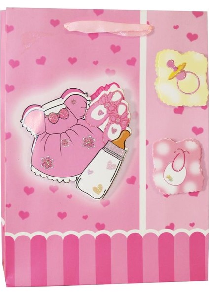 Parti Adresi Hoş Geldin Bebek Baby Shower Kız Bebek Karton Hediye Çantası 24X18X8 cm