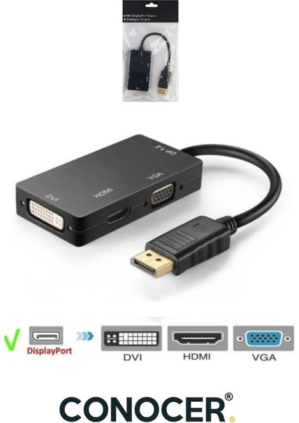 Displayport To Vga-Hdmı-Dvı Dönüştürücü Adaptör Yüksek Kalite Siyah