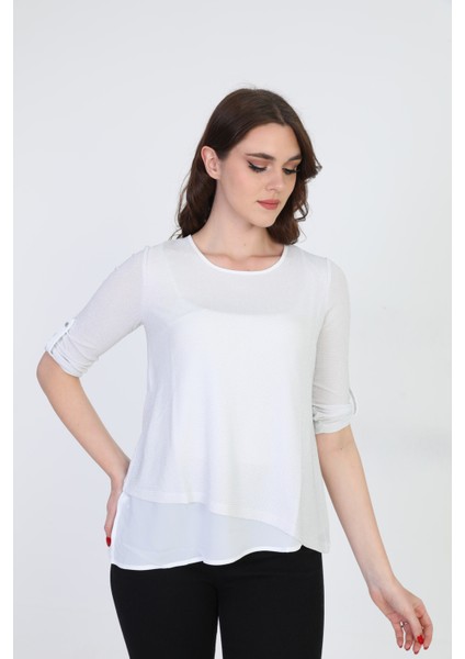 Kadın Asimetrik Tül Detaylı Bluz 042 Ekru